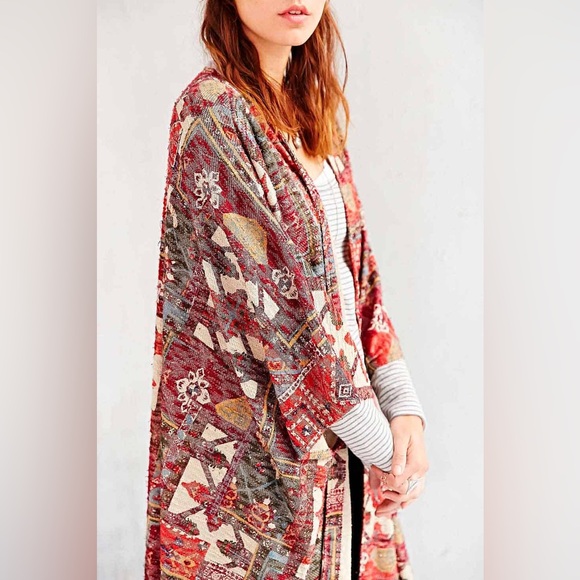 Ecote Sweaters - Ecote Boho Tapestry Fringe Kimono Cardigan One Size